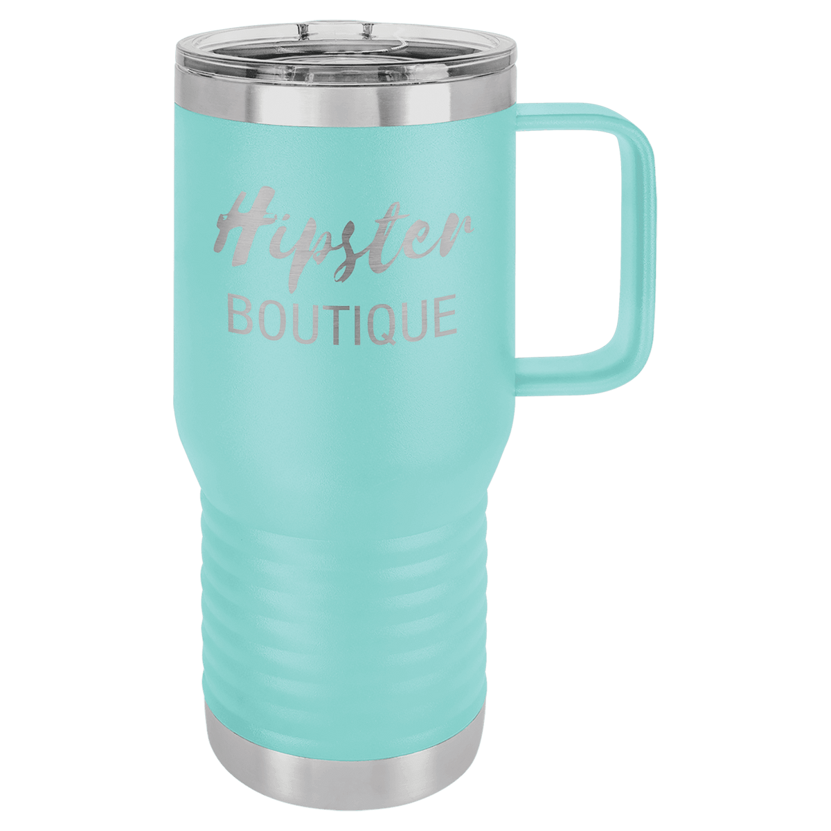 Teal 20 oz laser engraved custom logo travel mug with handle and slider lid