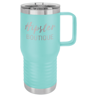 Teal 20 oz laser engraved custom logo travel mug with handle and slider lid