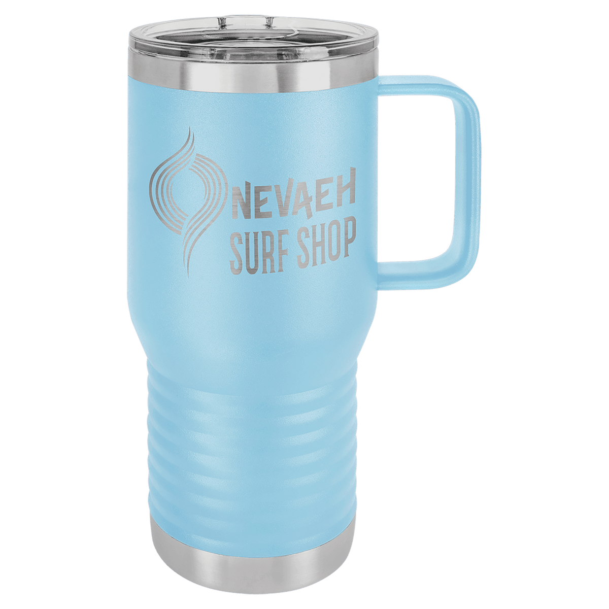 Light Blue 20 oz laser engraved custom logo travel mug with handle and slider lid