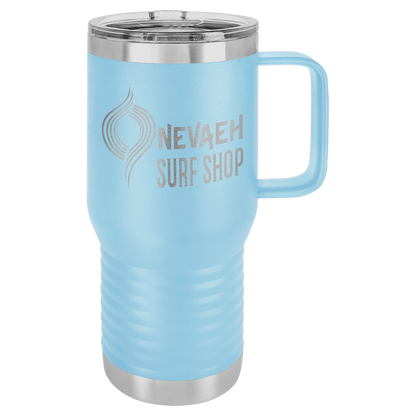 Light Blue 20 oz laser engraved custom logo travel mug with handle and slider lid