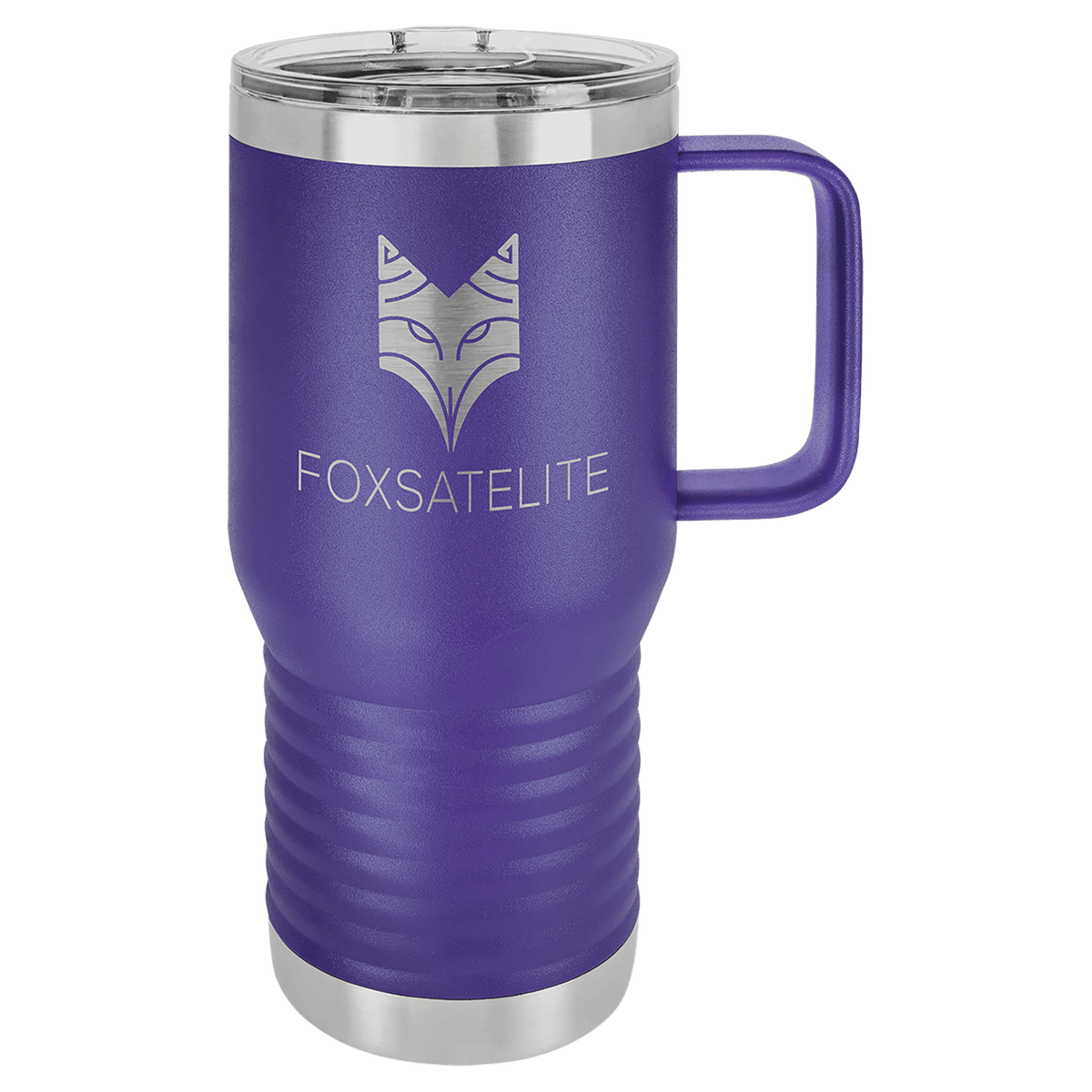 Purple 20 oz laser engraved custom logo travel mug with handle and slider lid