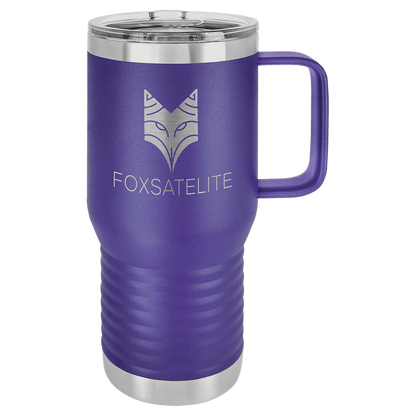 Purple 20 oz laser engraved custom logo travel mug with handle and slider lid