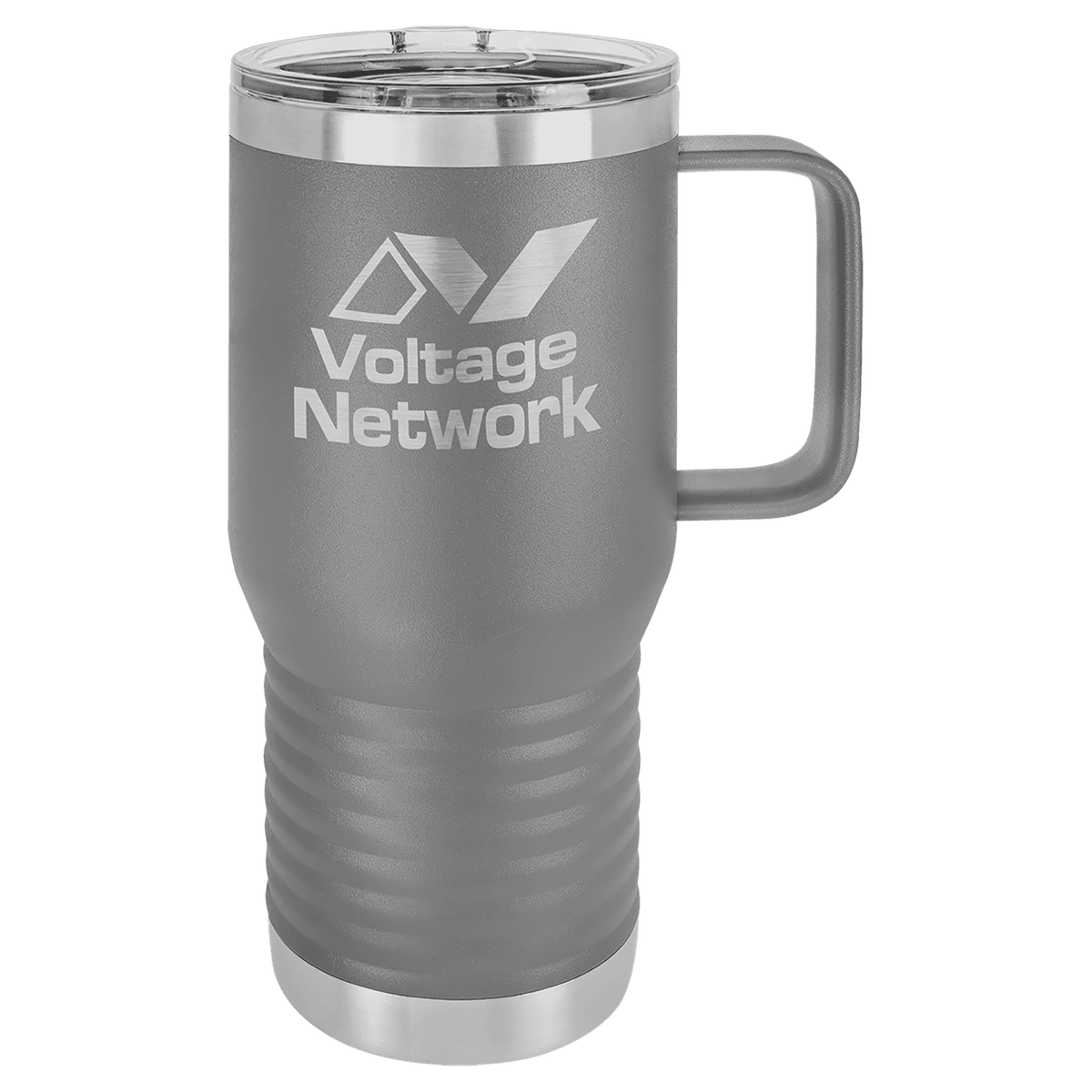 Dark Gray 20 oz laser engraved custom logo travel mug with handle and slider lid