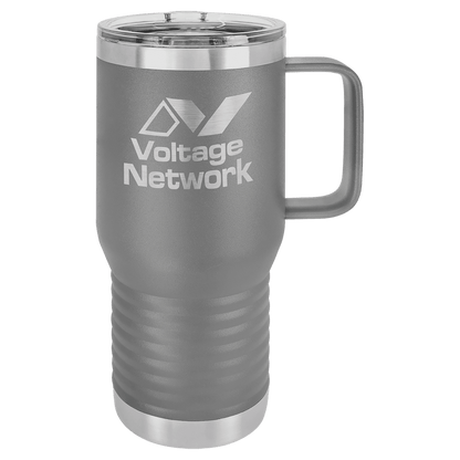 Dark Gray 20 oz laser engraved custom logo travel mug with handle and slider lid