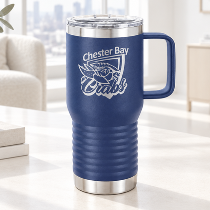 Navy Blue 20 oz laser engraved custom logo travel mug with handle and slider lid