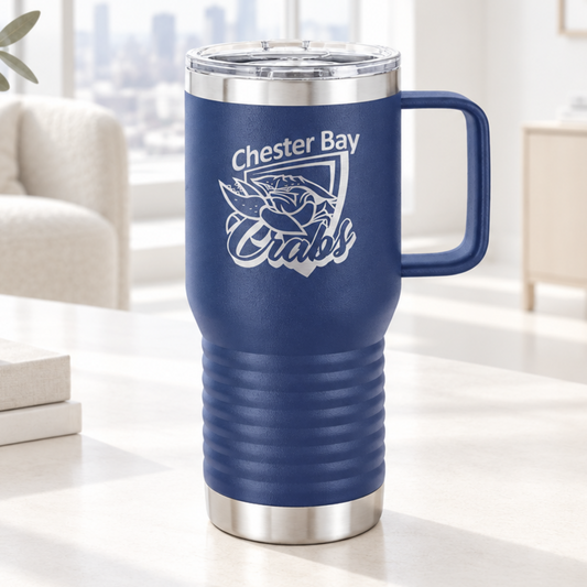 Navy Blue 20 oz laser engraved custom logo travel mug with handle and slider lid