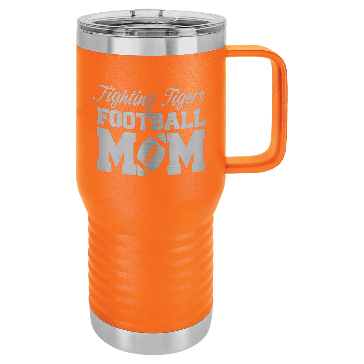 Orange 20 oz laser engraved custom logo travel mug with handle and slider lid