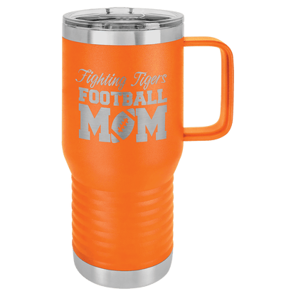 Orange 20 oz laser engraved custom logo travel mug with handle and slider lid