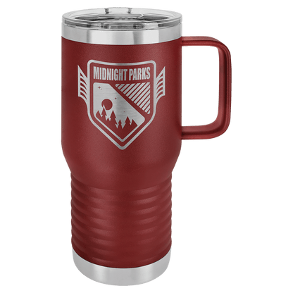 Maroon 20 oz laser engraved custom logo travel mug with handle and slider lid