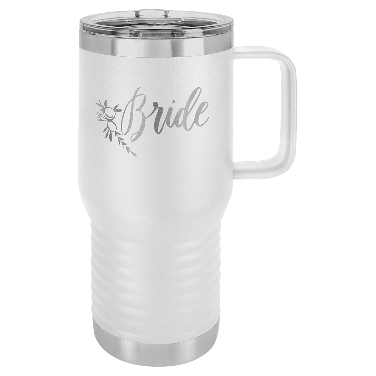 White 20 oz laser engraved custom logo travel mug with handle and slider lid