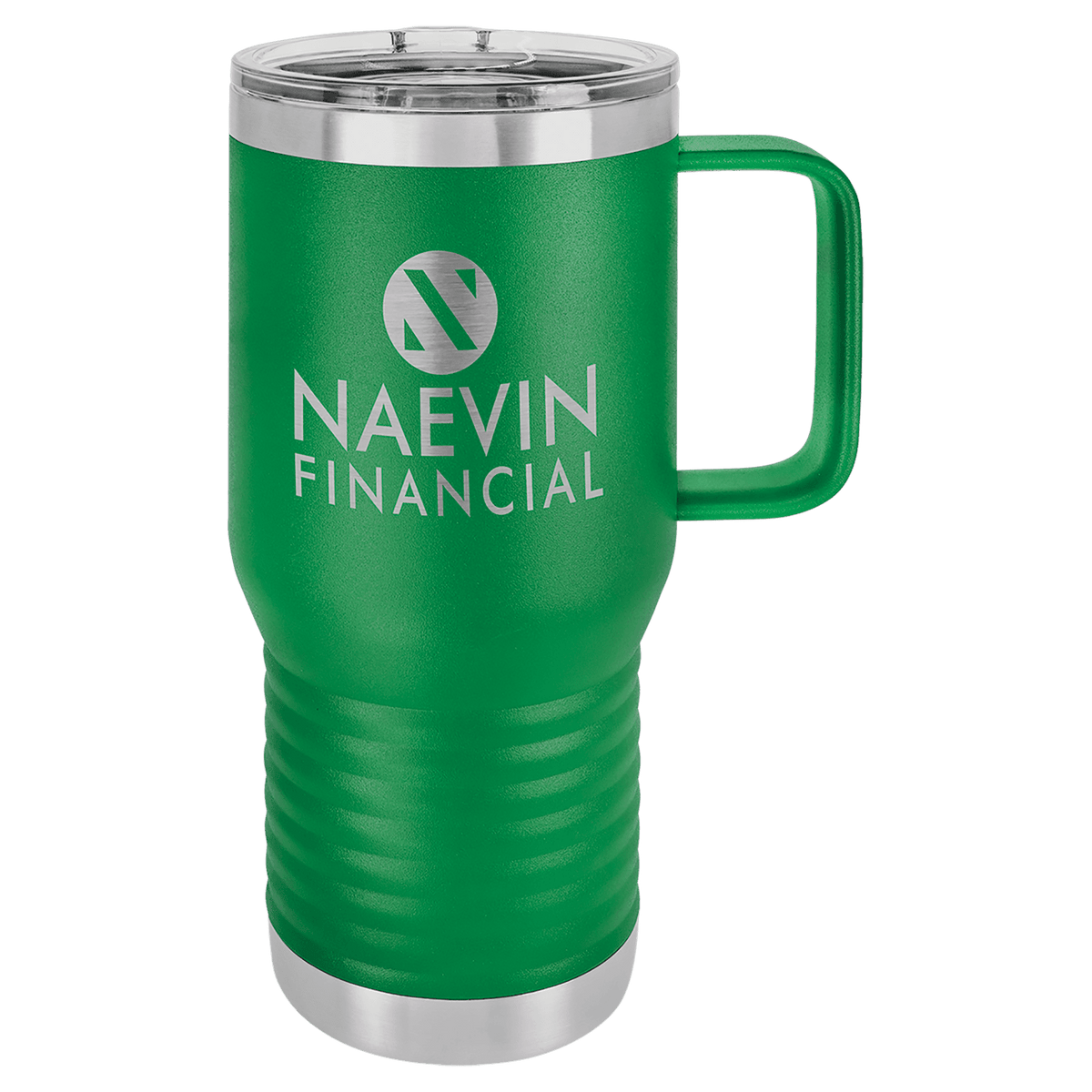 Green 20 oz laser engraved custom logo travel mug with handle and slider lid