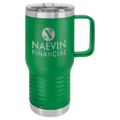 Green 20 oz laser engraved custom logo travel mug with handle and slider lid