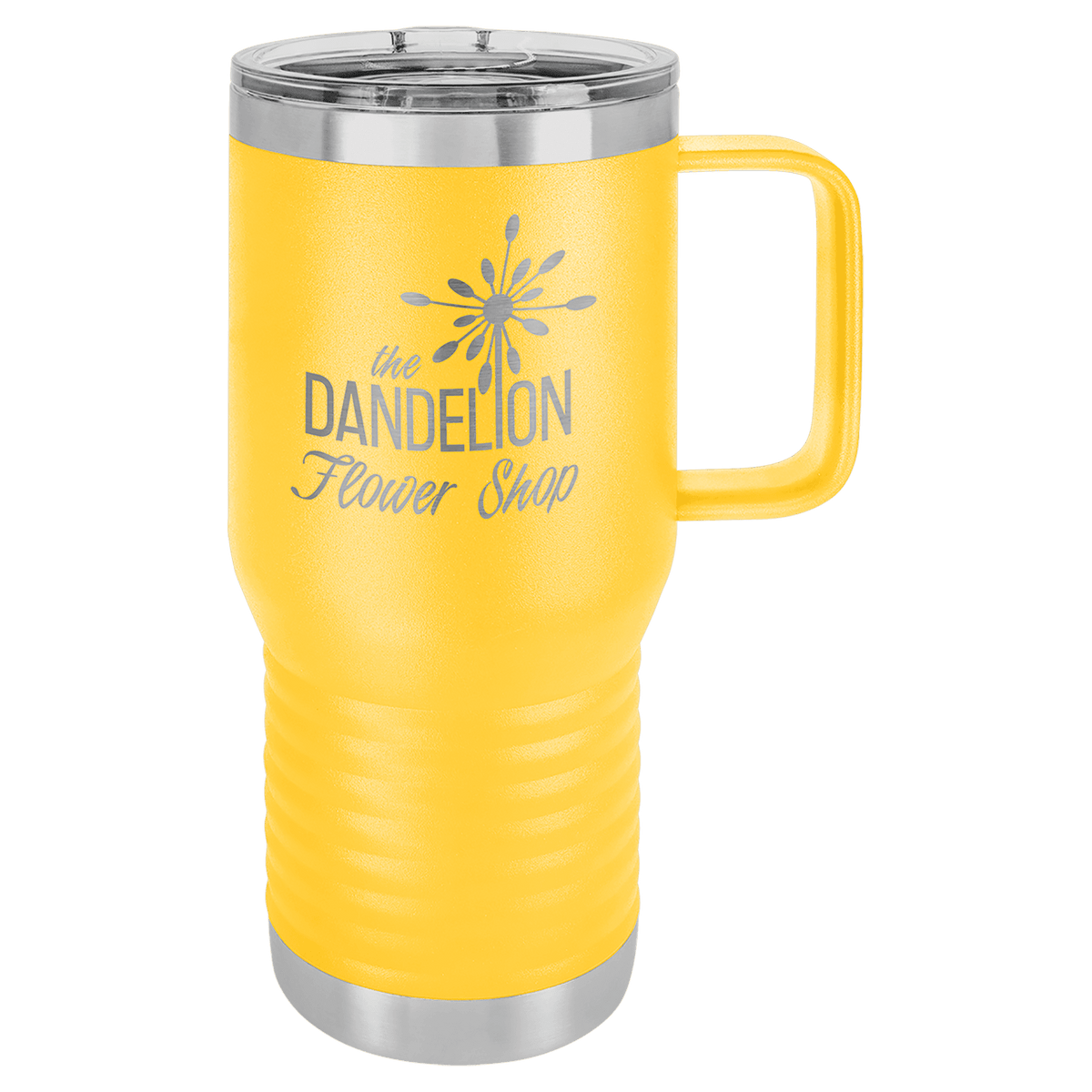 Yellow 20 oz laser engraved custom logo travel mug with handle and slider lid