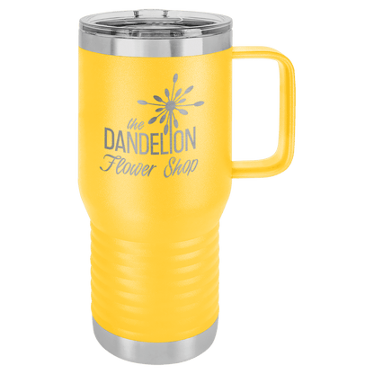 Yellow 20 oz laser engraved custom logo travel mug with handle and slider lid
