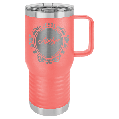Coral 20 oz laser engraved custom logo travel mug with handle and slider lid