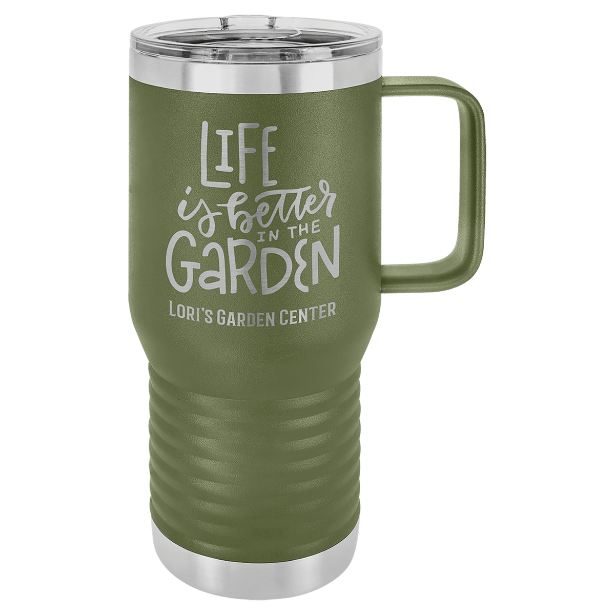 Olive Green 20 oz laser engraved custom logo travel mug with handle and slider lid