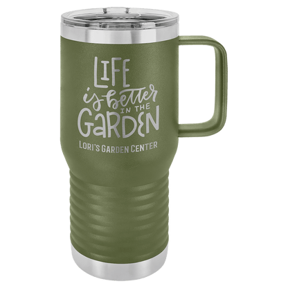 Olive Green 20 oz laser engraved custom logo travel mug with handle and slider lid