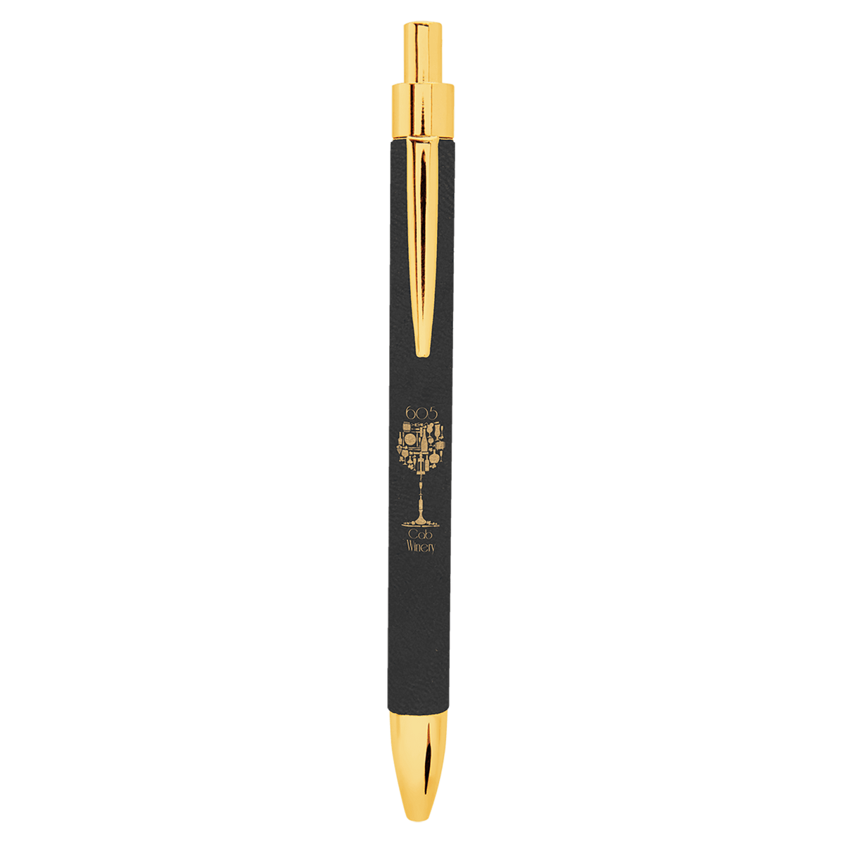 Black and gold engraved leatherette pen