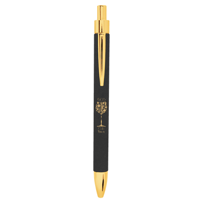 Black and gold engraved leatherette pen