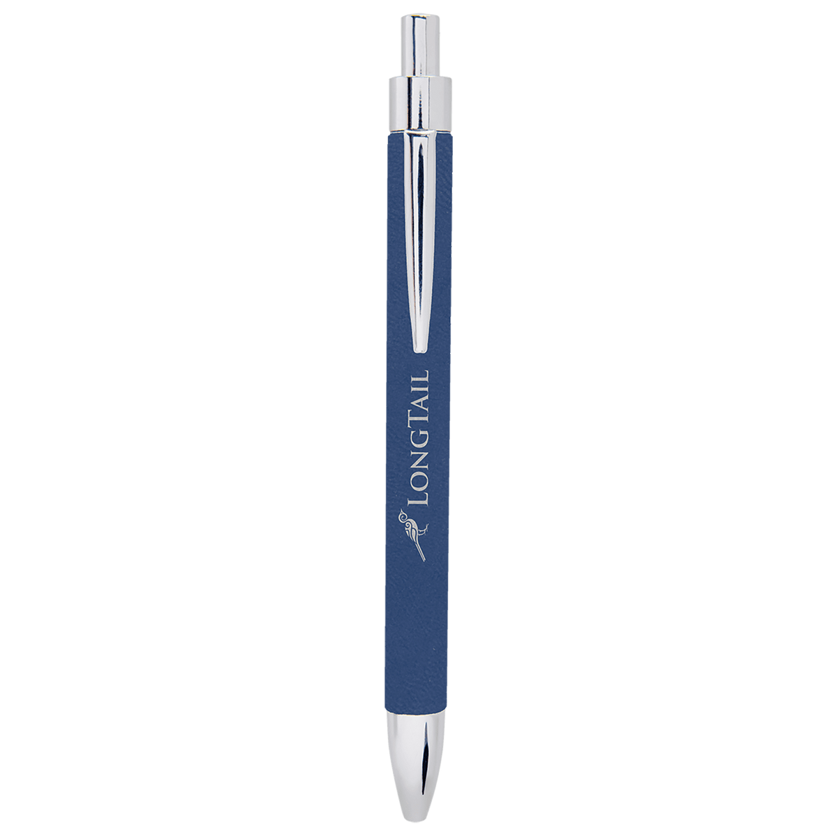Blue and silver engraved leatherette pen
