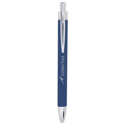 Blue and silver engraved leatherette pen