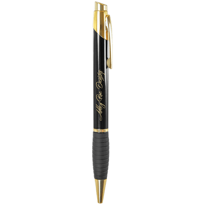 Gloss black engraved brass pen with gripper