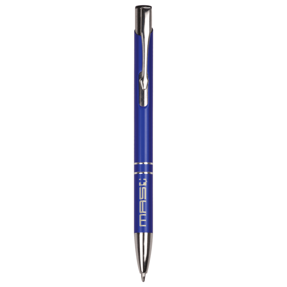Blue engraved aluminum pen with silver trim