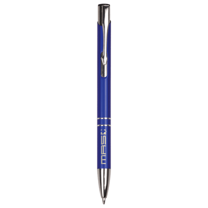 Blue engraved aluminum pen with silver trim