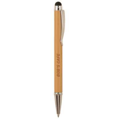 Twist style engraved bamboo pen with stylus on top