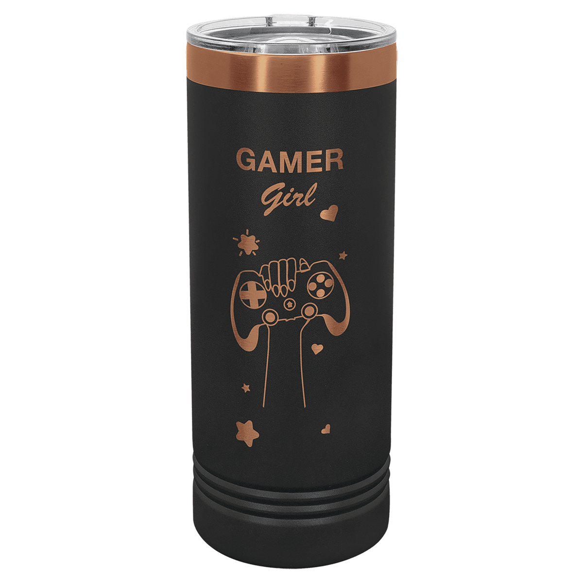 Black and Rose Gold 22 oz Skinny Tumbler with Slider Lid laser engraved with custom logo