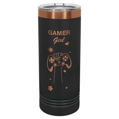Black and Rose Gold 22 oz Skinny Tumbler with Slider Lid laser engraved with custom logo