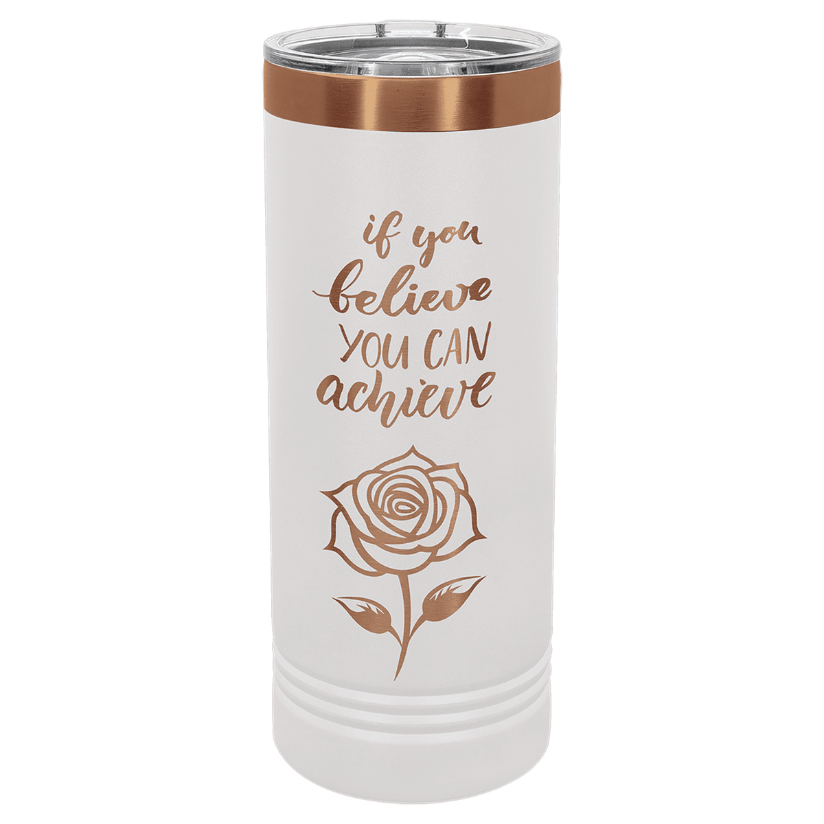 White and Rose Gold 22 oz Skinny Tumbler with Slider Lid laser engraved with custom logo
