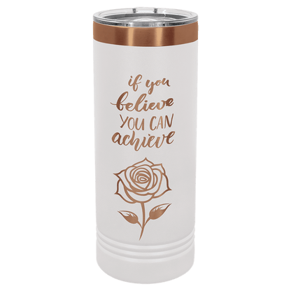 White and Rose Gold 22 oz Skinny Tumbler with Slider Lid laser engraved with custom logo