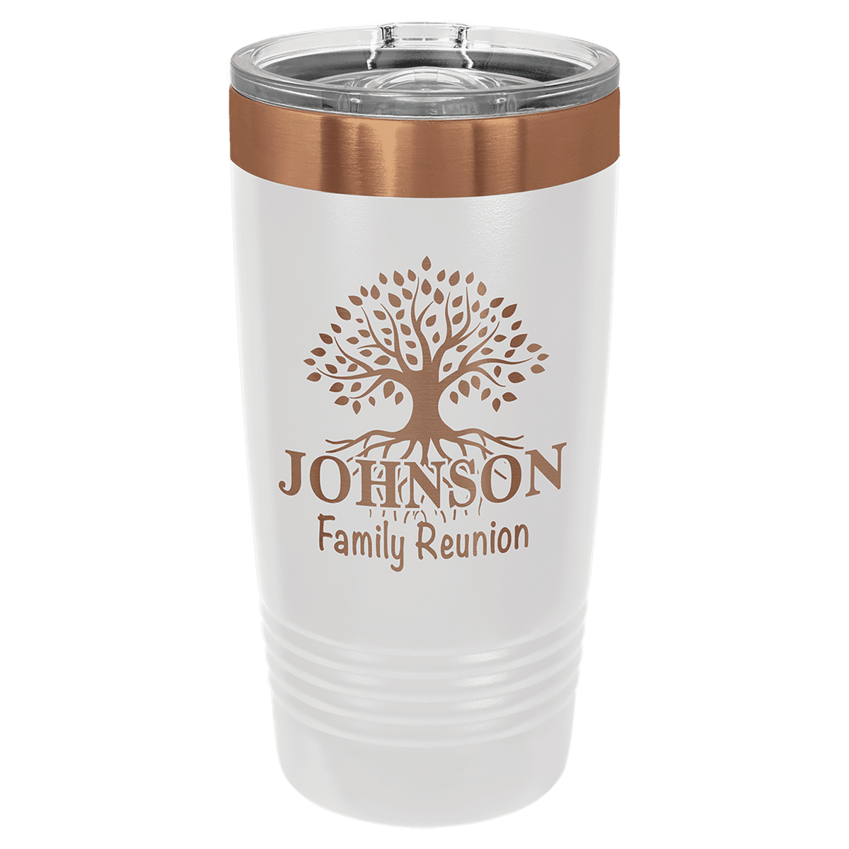 White and Rose Gold 20 oz Ringneck Tumbler with Lid laser engraved with custom logo