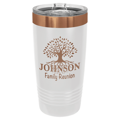 White and Rose Gold 20 oz Ringneck Tumbler with Lid laser engraved with custom logo