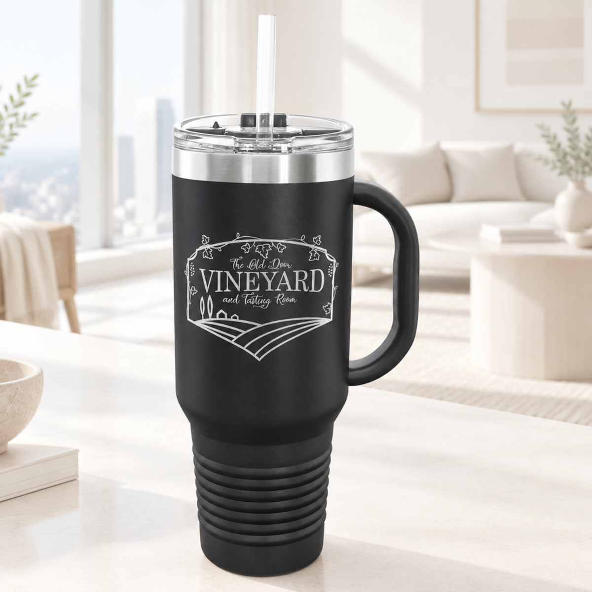 Black 40 oz laser engraved custom logo travel mug with handle, snap lid and straw