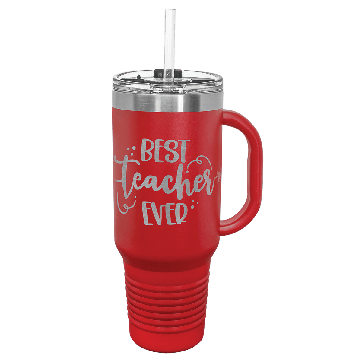 Red 40 oz laser engraved custom logo travel mug with handle, snap lid and straw
