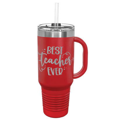 Red 40 oz laser engraved custom logo travel mug with handle, snap lid and straw