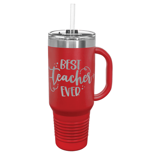 Red 40 oz laser engraved custom logo travel mug with handle, snap lid and straw