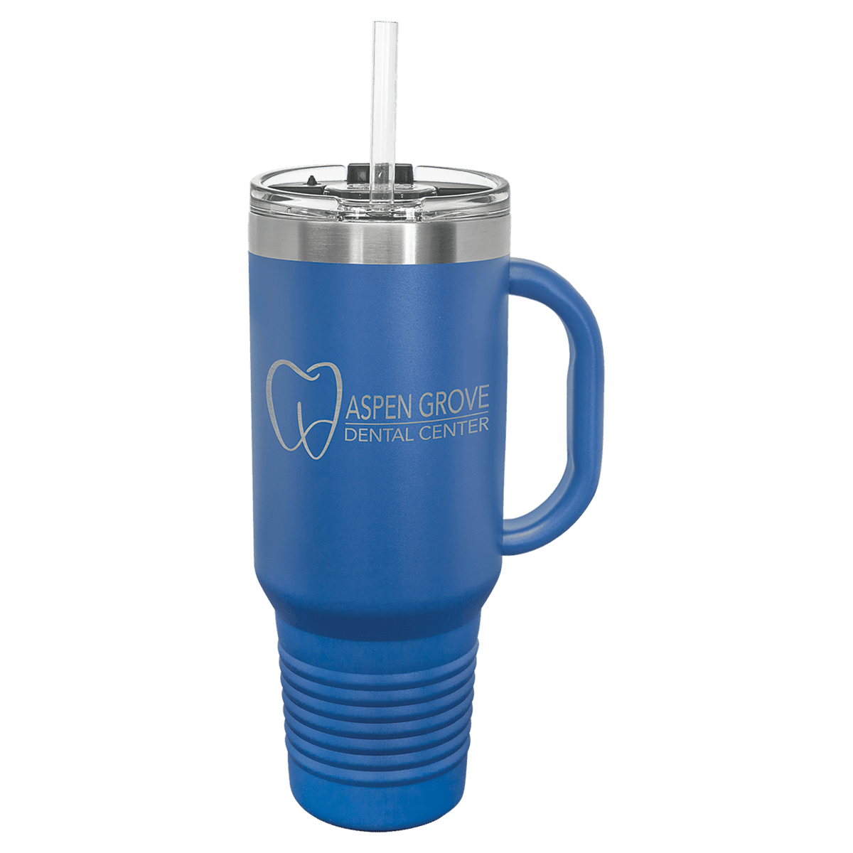 Royal Blue 40 oz laser engraved custom logo travel mug with handle, snap lid and straw