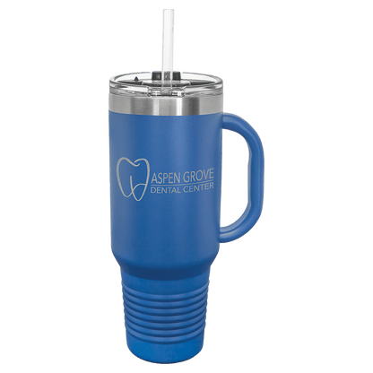Royal Blue 40 oz laser engraved custom logo travel mug with handle, snap lid and straw