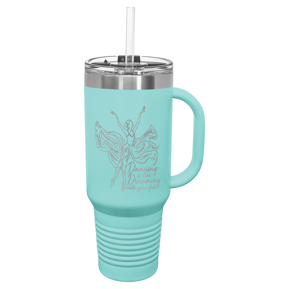 Teal 40 oz laser engraved custom logo travel mug with handle, snap lid and straw