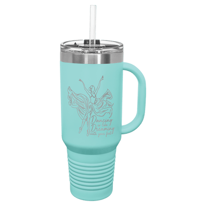 Teal 40 oz laser engraved custom logo travel mug with handle, snap lid and straw