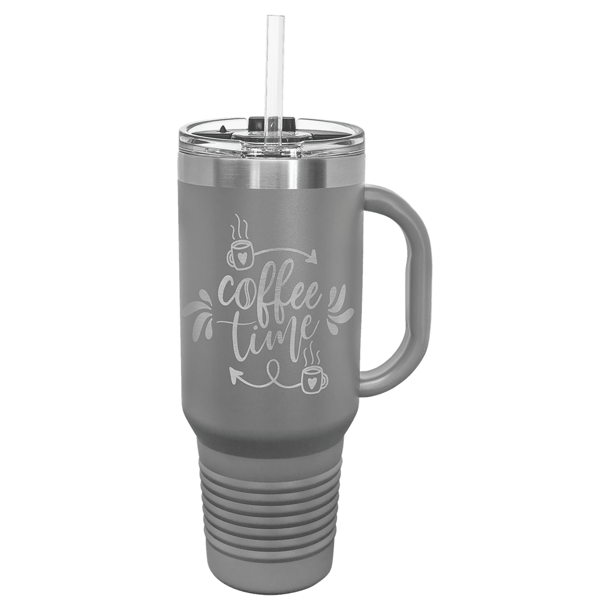 Dark Gray 40 oz laser engraved custom logo travel mug with handle, snap lid and straw