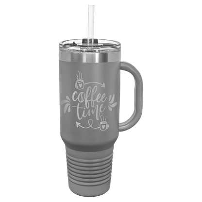 Dark Gray 40 oz laser engraved custom logo travel mug with handle, snap lid and straw