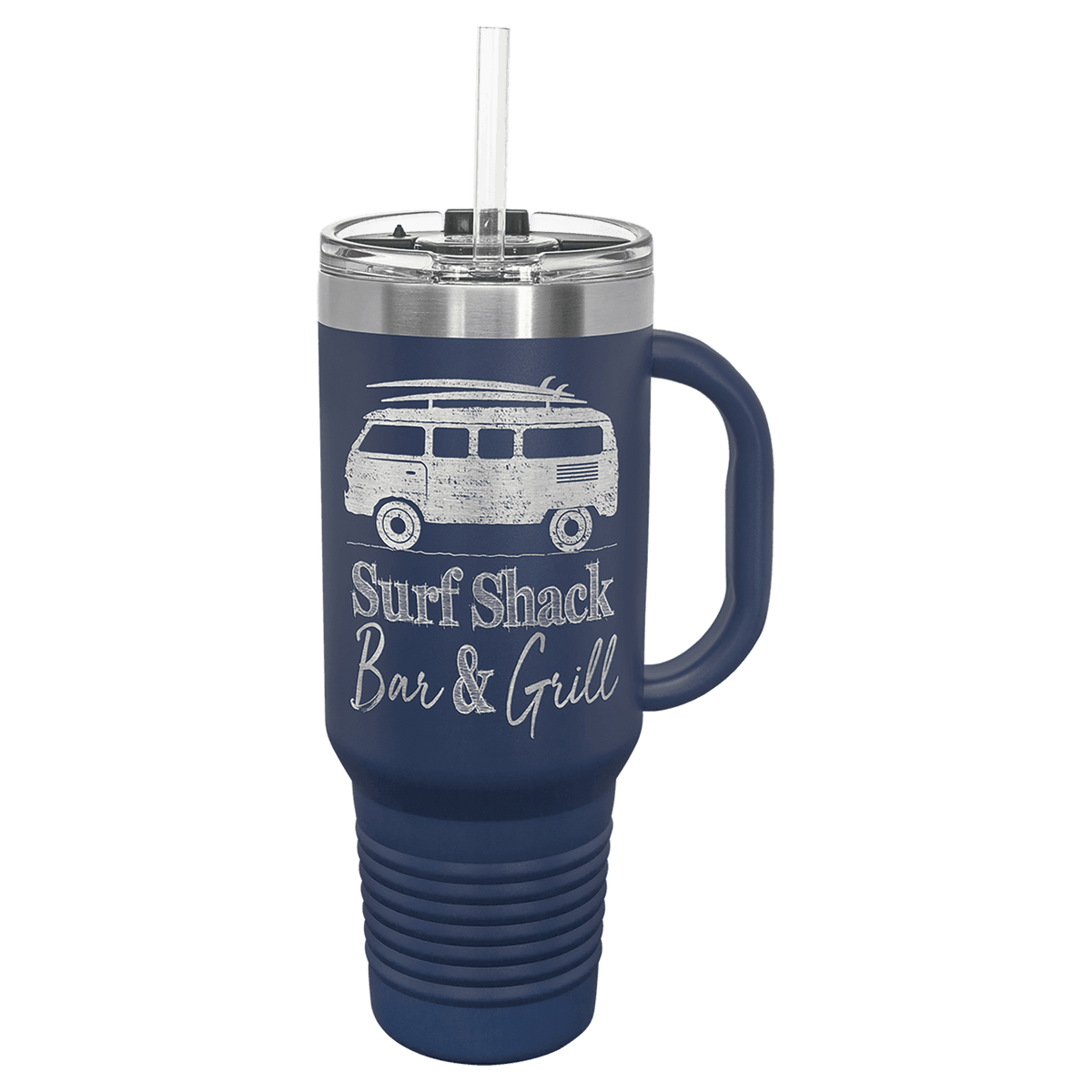 Navy Blue 40 oz laser engraved custom logo travel mug with handle, snap lid and straw