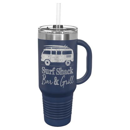 Navy Blue 40 oz laser engraved custom logo travel mug with handle, snap lid and straw