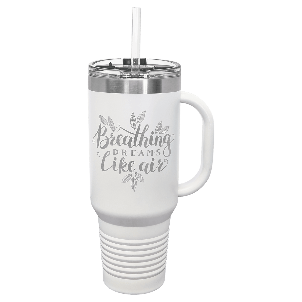 White 40 oz laser engraved custom logo travel mug with handle, snap lid and straw