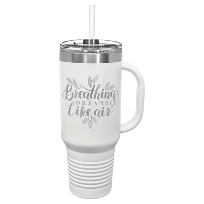 White 40 oz laser engraved custom logo travel mug with handle, snap lid and straw