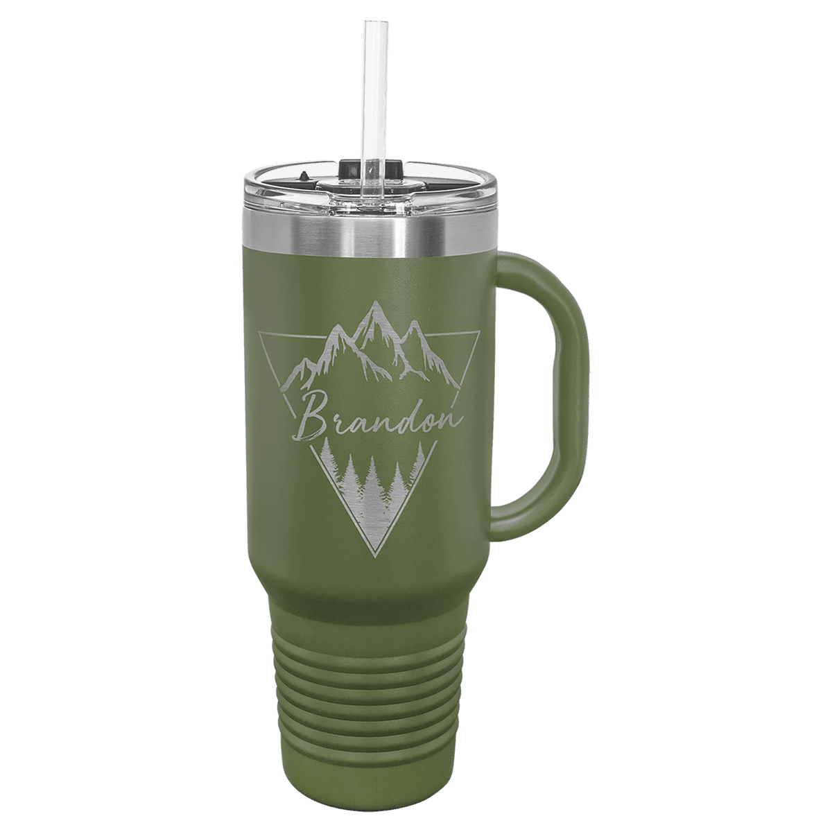 Olive Green 40 oz laser engraved custom logo travel mug with handle, snap lid and straw
